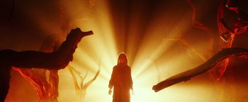 Movie still from “The Lords of Salem” (2012), directed by Rob Zombie – A person standing in a room with a light shining on them; Wide shot, Low angle