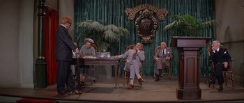 Movie still from “The Lost World” (1960), directed by Irwin Allen – A group of people sitting around a table on a stage; Wide shot, Over the shoulder angle