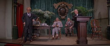 Movie still from “The Lost World” (1960), directed by Irwin Allen – A group of men sitting on top of a stage; Wide shot, Low angle
