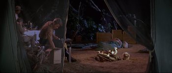 Movie still from “The Lost World” (1960), directed by Irwin Allen – A man sitting in front of a fire at night; Wide shot, High angle
