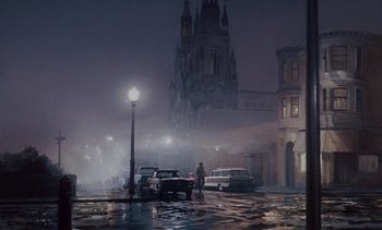 Movie still from “The Love Bug” (1969), directed by Robert Stevenson – An image of an old car in the rain at night; Extreme Wide shot, High angle