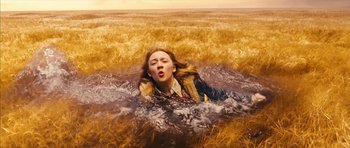 Movie still from “The Lovely Bones” (2009), directed by Peter Jackson – A woman laying in the grass in the water; Medium shot, Overhead angle