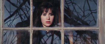 Movie still from “The Lovely Bones” (2009), directed by Peter Jackson – A woman looking out of a window with a bow tie on; Close Up shot, Over the shoulder angle