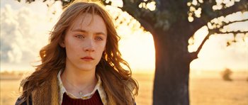 Movie still from “The Lovely Bones” (2009), directed by Peter Jackson – A young woman with long hair and a necklace; Close Up shot, Over the shoulder angle