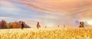 Movie still from “The Lovely Bones” (2009), directed by Peter Jackson – A woman walking through a field of golden wheat; Extreme Wide shot, Low angle