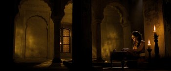 Movie still from “The Lovers” (2015), directed by Roland Joffé – A room filled with pillars and a window; Extreme Wide shot, High angle