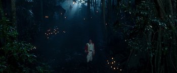 Movie still from “The Lovers” (2015), directed by Roland Joffé – A man walking through the woods at night with fireflies in the background; Extreme Wide shot, High angle