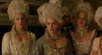 Movie still from “The Madness of King George” (1994), directed by Nicholas Hytner – A group of people in fancy dress with long hair; Medium shot, Over the shoulder angle
