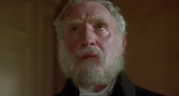 Movie still from “The Madness of King George” (1994), directed by Nicholas Hytner – An old man with a beard looking up at the sky; Close Up shot, Low angle