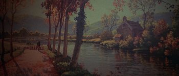 Movie still from “The Man Who Fell to Earth” (1976), directed by Nicolas Roeg – A painting of trees and a river in the background; Extreme Wide shot, High angle