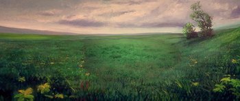 Movie still from “The Man Who Fell to Earth” (1976), directed by Nicolas Roeg – An oil painting of an open grassy field; Extreme Wide shot, Low angle