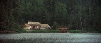 Movie still from “The Man Who Fell to Earth” (1976), directed by Nicolas Roeg – A house sitting next to a body of water near a forest; Extreme Wide shot, High angle