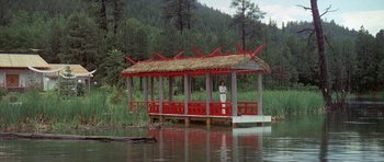 Movie still from “The Man Who Fell to Earth” (1976), directed by Nicolas Roeg – A man standing on a pier in the middle of a lake; Extreme Wide shot, High angle