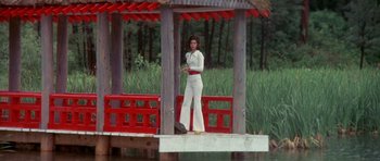 Movie still from “The Man Who Fell to Earth” (1976), directed by Nicolas Roeg – A woman in a white outfit standing in front of a gazebo; Wide shot, Low angle