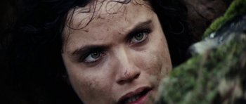 Movie still from “The Man from Snowy River” (1982), directed by George Miller – A woman's face with green eyes; Extreme Close Up shot, Low angle