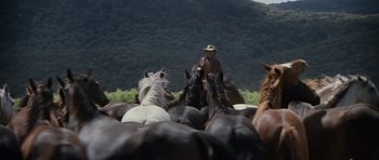 Movie still from “The Man from Snowy River” (1982), directed by George Miller – A man riding on the back of a brown horse; Wide shot, Low angle