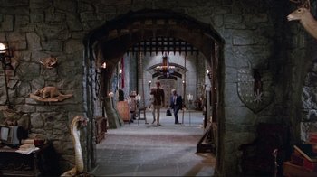 Movie still from “The Man with Two Brains” (1983), directed by Carl Reiner – Two men are standing in an archway in a castle; Extreme Wide shot, High angle
