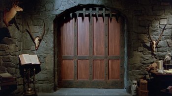 Movie still from “The Man with Two Brains” (1983), directed by Carl Reiner – An arched doorway in a stone room with wooden panels; Wide shot, High angle