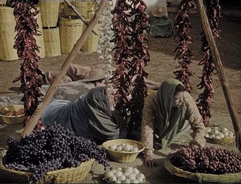 Movie still from “The Mark of Zorro” (1940), directed by Rouben Mamoulian – A woman sitting on the ground surrounded by baskets of grapes; Wide shot, High angle
