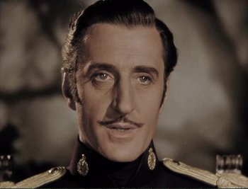 Movie still from “The Mark of Zorro” (1940), directed by Rouben Mamoulian – A person wearing a uniform; Close Up shot, Low angle