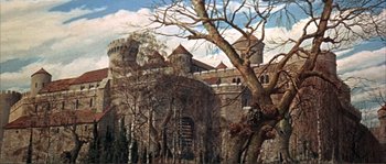 Movie still from “The Masque of the Red Death” (1964), directed by Roger Corman – A painting of an old castle with trees in front of it; Extreme Wide shot, Low angle
