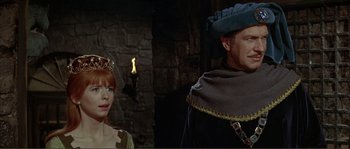 Movie still from “The Masque of the Red Death” (1964), directed by Roger Corman – A man and a woman dressed in medieval garb in front of a brick wall; Medium shot, Over the shoulder angle