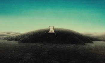 Movie still from “The Masters of Time” (1982), directed by René Laloux – A person sitting on top of a hill; Extreme Wide shot, Overhead angle
