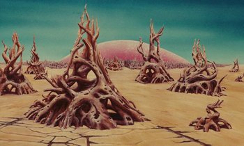 Movie still from “The Masters of Time” (1982), directed by René Laloux – An oil painting of a barren desert landscape with dead trees; Extreme Wide shot, High angle