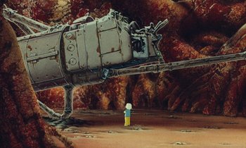 Movie still from “The Masters of Time” (1982), directed by René Laloux – An image of an animated scene with a person standing in front of an object; Extreme Wide shot, High angle