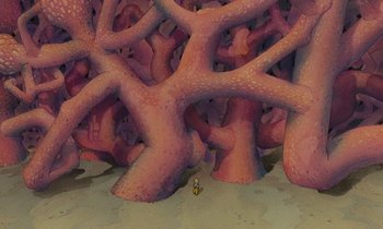 Movie still from “The Masters of Time” (1982), directed by René Laloux – An image of an animated character in the middle of a forest; Extreme Wide shot, Overhead angle