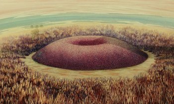 Movie still from “The Masters of Time” (1982), directed by René Laloux – A painting of a large hole in the middle of a field; Extreme Wide shot, Overhead angle