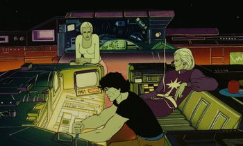 Movie still from “The Masters of Time” (1982), directed by René Laloux – A painting of a man working on a computer; Medium shot, Low angle