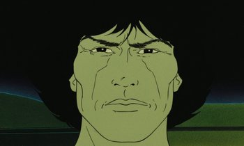 Movie still from “The Masters of Time” (1982), directed by René Laloux – An illustration of an asian man with a black hair style; Extreme Close Up shot, Low angle