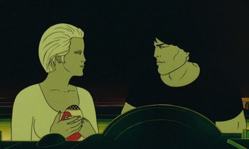 Movie still from “The Masters of Time” (1982), directed by René Laloux – A couple of people sitting next to each other on a table; Close Up shot, Overhead angle