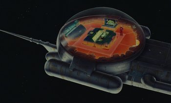 Movie still from “The Masters of Time” (1982), directed by René Laloux – An image of a space ship in the middle of the night; Extreme Wide shot, High angle