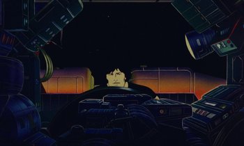 Movie still from “The Masters of Time” (1982), directed by René Laloux – An animated scene of a man in a dark room; Medium shot, Low angle