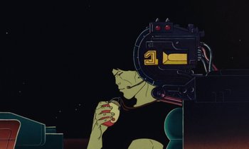 Movie still from “The Masters of Time” (1982), directed by René Laloux – An animated picture of a man holding a microphone; Medium shot, Low angle