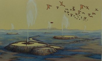 Movie still from “The Masters of Time” (1982), directed by René Laloux – An oil painting of birds flying over the ocean; Extreme Wide shot, High angle