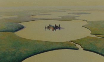 Movie still from “The Masters of Time” (1982), directed by René Laloux – An aerial view of an island in a body of water; Extreme Wide shot, High angle