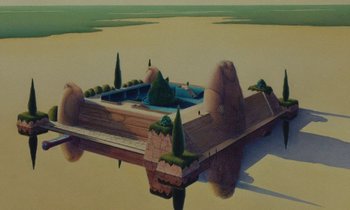 Movie still from “The Masters of Time” (1982), directed by René Laloux – An island in the middle of a body of water; Extreme Wide shot, High angle