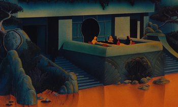 Movie still from “The Masters of Time” (1982), directed by René Laloux – A painting of people sitting on a couch in front of a staircase; Extreme Wide shot, High angle