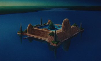 Movie still from “The Masters of Time” (1982), directed by René Laloux – An island in the middle of a body of water; Extreme Wide shot, High angle