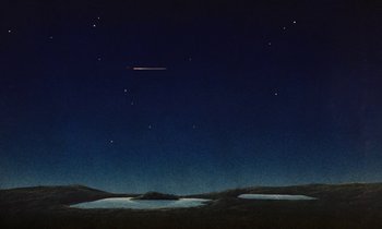 Movie still from “The Masters of Time” (1982), directed by René Laloux – A night sky with stars and a lake in the middle of the night; Extreme Wide shot, Low angle