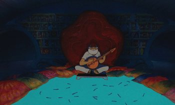 Movie still from “The Masters of Time” (1982), directed by René Laloux – A painting of an old man playing a guitar; Wide shot, Overhead angle