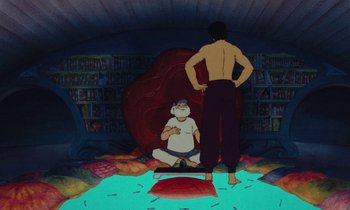 Movie still from “The Masters of Time” (1982), directed by René Laloux – A man standing next to another man in a room; Wide shot, High angle