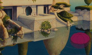 Movie still from “The Masters of Time” (1982), directed by René Laloux – A painting of a building and a pond with plants growing on it; Extreme Wide shot, Overhead angle