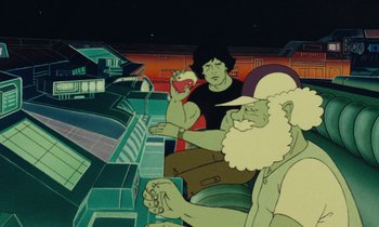 Movie still from “The Masters of Time” (1982), directed by René Laloux – An animated scene of a man and a woman sitting in a car; Wide shot, Low angle