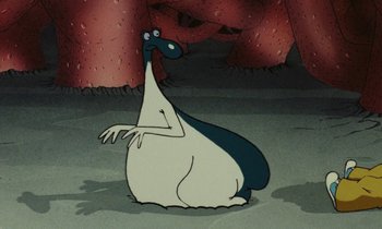 Movie still from “The Masters of Time” (1982), directed by René Laloux – An animated bird sitting on the ground in front of a bunch of trees; Extreme Close Up shot, High angle
