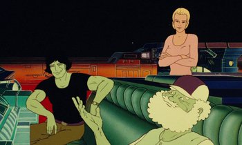 Movie still from “The Masters of Time” (1982), directed by René Laloux – A painting of a man sitting on a couch next to a woman; Medium shot, Over the shoulder angle