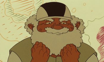 Movie still from “The Masters of Time” (1982), directed by René Laloux – An old man with a white beard and a hat on; Extreme Close Up shot, Overhead angle